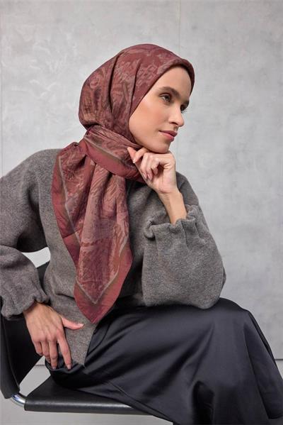 Viskon Velora Eşarp Dört Mevsim Karma Desen Kiremit Bordo 90x90