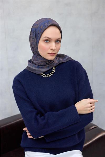 Viskon Velora Eşarp Dört Mevsim Karma Desen Koyu Indigo 90x90