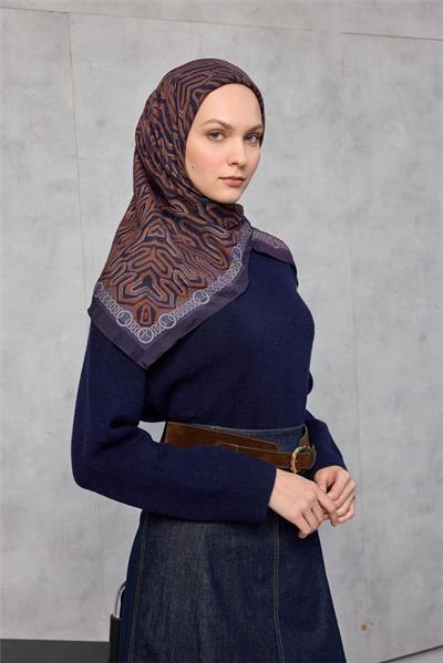 Viskon Velora Eşarp Dört Mevsim Zincir Desen Saks 90x90