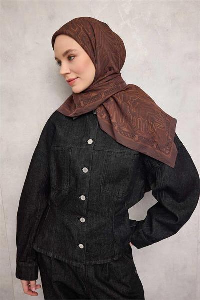 Viskon Velora Eşarp Dört Mevsim Zincir Desen Kahverengi 90x90