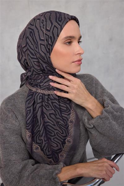 Viskon Velora Eşarp Dört Mevsim Zincir Desen Kahve Vizon 90x90