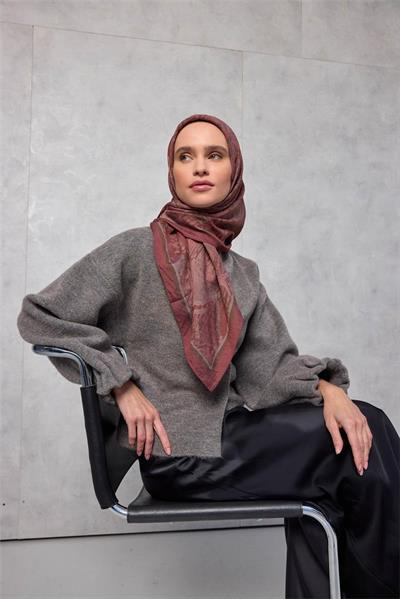 Viskon Velora Eşarp Dört Mevsim Karma Desen Kiremit Bordo 90x90