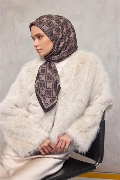Viskon Velora Eşarp Siyah Acı Kahve Yonca Desenli Tok Duruşlu 90x90