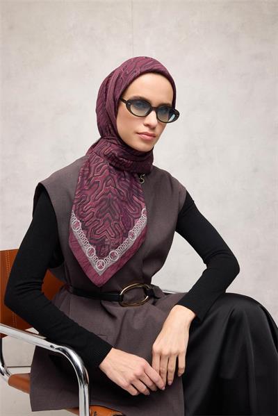 Viskon Velora Eşarp Dört Mevsim Zincir Desen Mürdüm 90x90