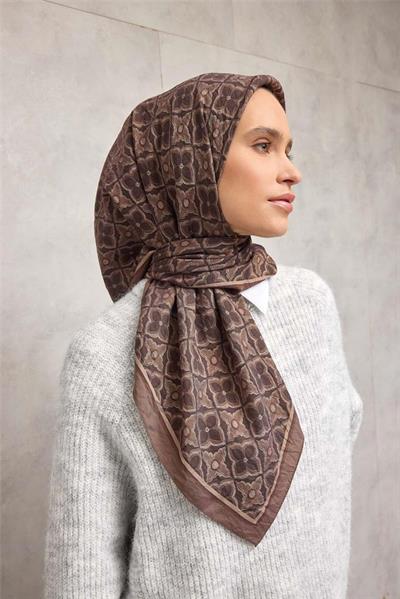 Viskon Velora Eşarp Espresso Kahve Yonca Desenli Tok Duruşlu 90x90