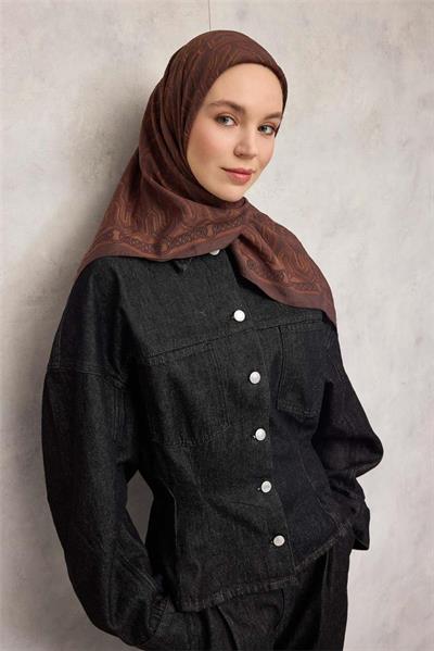 Viskon Velora Eşarp Dört Mevsim Zincir Desen Kahverengi 90x90