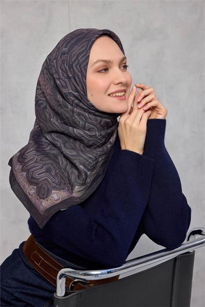 Viskon Velora Eşarp Dört Mevsim Zincir Desen Antrasit 90x90