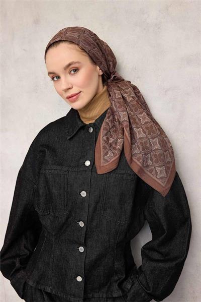 Viskon Velora Eşarp Kakao Yonca Desenli Tok Duruşlu 90x90