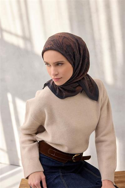 Viskon Velora Eşarp Karma Desenli Acı Kahverengi Tok Duruşlu Dört Mevsim 90x90