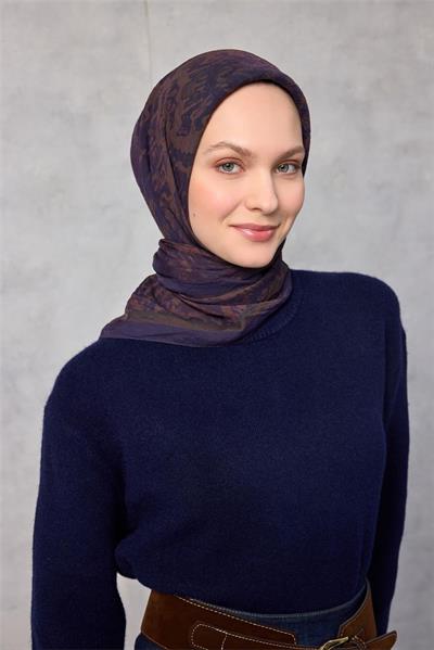 Viskon Velora Eşarp Dört Mevsim Karma Desen Patlıcan Moru 90x90