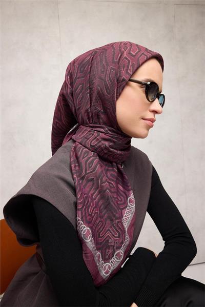 Viskon Velora Eşarp Dört Mevsim Zincir Desen Mürdüm 90x90