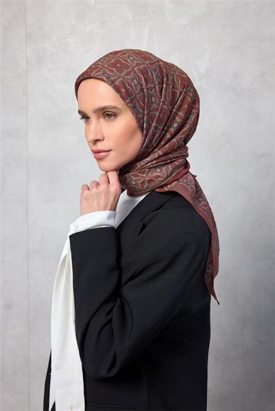 Viskon Velora Eşarp Yonca Desenli Kiremit Tonlu Tok Duruşlu 90x90