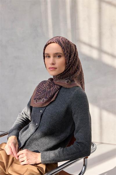 Viskon Velora Eşarp Dört Mevsim Zincir Desen Karamel 90x90