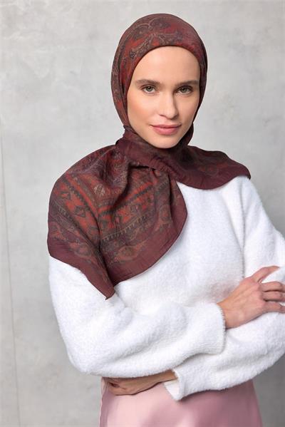 Viskon Velora Eşarp Dört Mevsim Kızıl Kahve 90x90