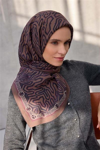 Viskon Velora Eşarp Dört Mevsim Zincir Desen Karamel 90x90