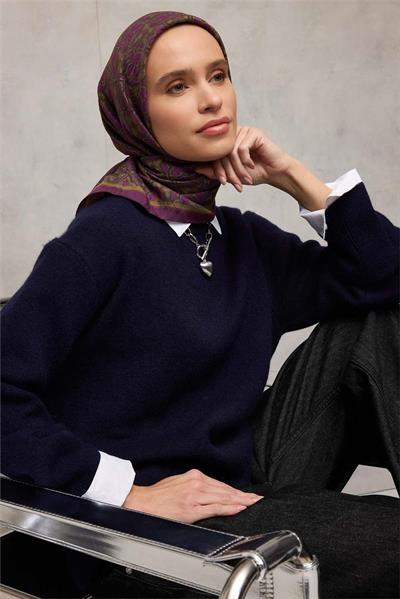 Viskon Velora Eşarp Yonca Desenli Koyu Mor Tok Duruşlu 90x90