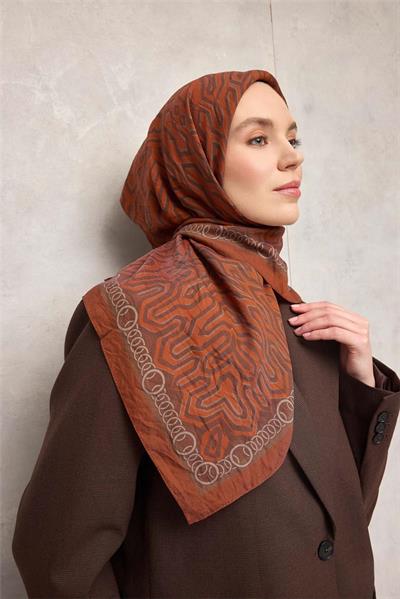 Viskon Velora Eşarp Dört Mevsim Zincir Desen Tarçın 90x90