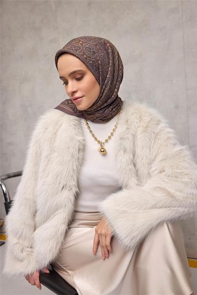 Viskon Velora Eşarp Küllü Mürdüm Yonca Desenli Tok Duruşlu 90x90