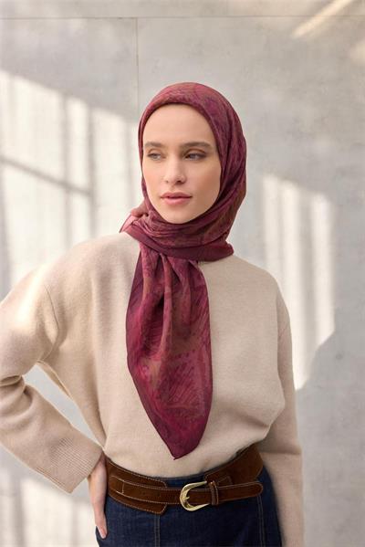 Viskon Velora Eşarp Dört Mevsim Karma Desen Vişne 90x90