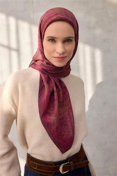 Viskon Velora Eşarp Dört Mevsim Karma Desen Vişne 90x90