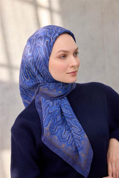 Viskon Velora Eşarp Dört Mevsim Zincir Desen Koyu Mavi 90x90