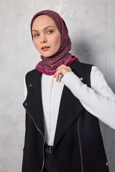 Viskon Velora Eşarp Yonca Desenli Magenta Tok Duruşlu Dört Mevsim 90x90