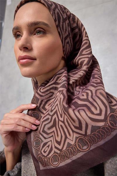 Viskon Velora Eşarp Dört Mevsim Zincir Desen Acı Kahve 90x90