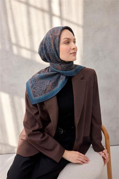 Viskon Velora Eşarp Dört Mevsim Karma Desen Indigo 90x90