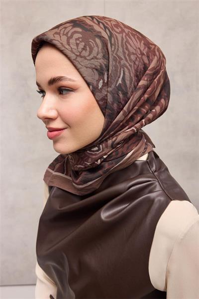 Viskon Velora Eşarp Vizon Antik Desenli Tok Duruşlu 90x90