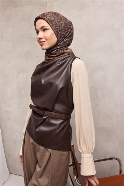 Viskon Velora Eşarp Sütlü Kahve Antik Desenli Tok Duruşlu 90x90