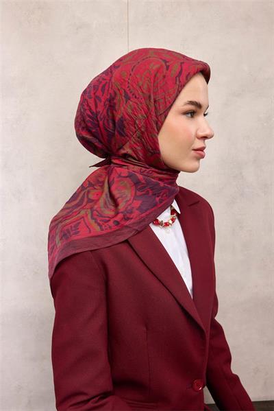 Viskon Velora Eşarp Dört Mevsim Antik Desen Mürdüm 90x90