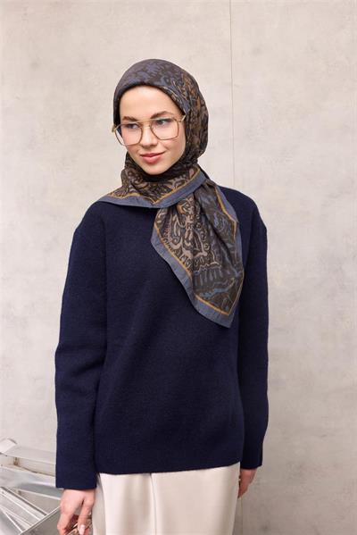 Viskon Velora Eşarp Koyu Mavi Antik Desenli Tok Duruşlu 90x90