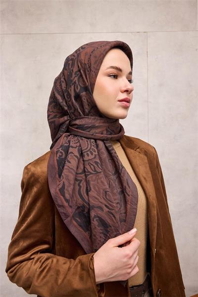 Viskon Velora Eşarp Kahve Antik Desenli Tok Duruşlu 90x90