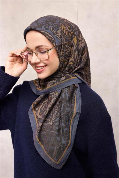 Viskon Velora Eşarp Koyu Mavi Antik Desenli Tok Duruşlu 90x90