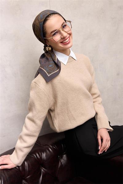 Viskon Velora Eşarp Koyu Indigo Antik Desenli Tok Duruşlu 90x90