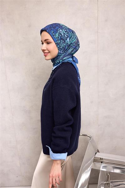 Viskon Velora Eşarp Mavi Antik Desenli Tok Duruşlu 90x90