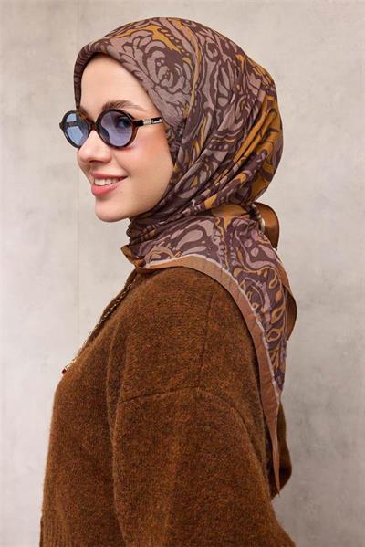 Viskon Velora Eşarp Tarçın Antik Desenli Tok Duruşlu 90x90