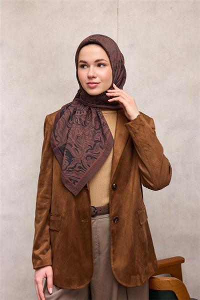 Viskon Velora Eşarp Kahve Antik Desenli Tok Duruşlu 90x90