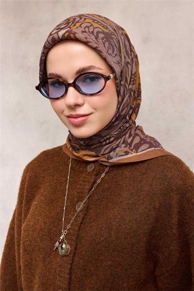 Viskon Velora Eşarp Tarçın Antik Desenli Tok Duruşlu 90x90