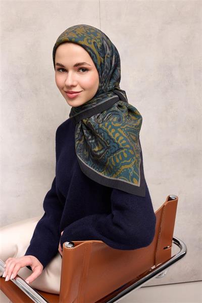 Viskon Velora Eşarp Lacivert Antik Desenli Tok Duruşlu 90x90