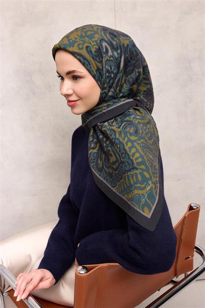 Viskon Velora Eşarp Lacivert Antik Desenli Tok Duruşlu 90x90