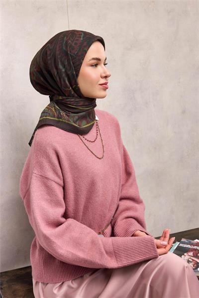 Viskon Velora Eşarp Acı Kahve Antik Desenli Tok Duruşlu 90x90