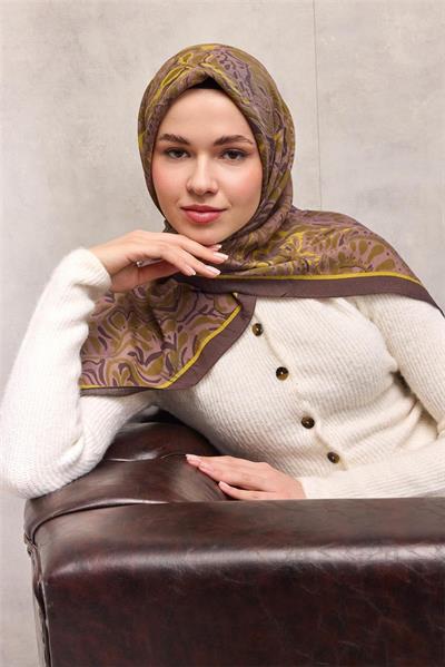 Viskon Velora Eşarp Koyu Kahve Antik Desenli Tok Duruşlu 90x90