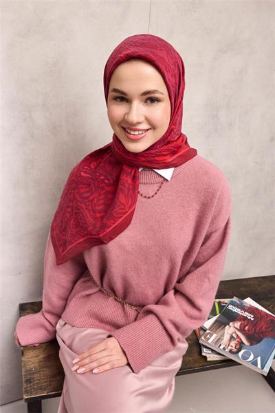 Viskon Velora Eşarp Mürdüm Kiremit Tonlu Antik Desenli Tok Duruşlu 90x90