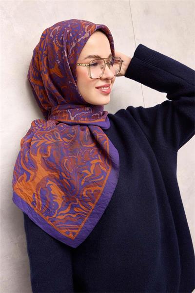 Viskon Velora Eşarp Menekşe Antik Desenli Tok Duruşlu 90x90