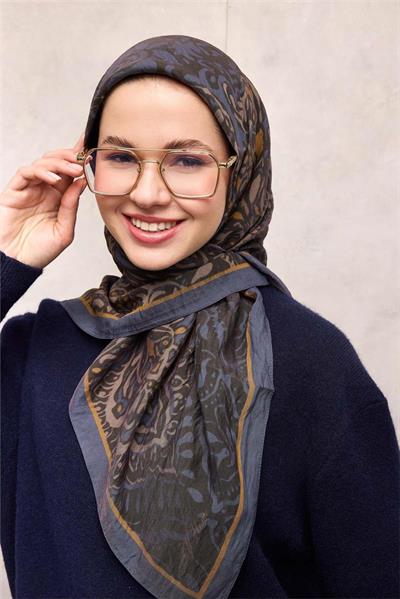 Viskon Velora Eşarp Koyu Mavi Antik Desenli Tok Duruşlu 90x90