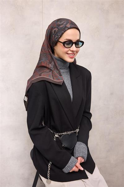 Viskon Velora Eşarp Kahve-Mürdüm Antik Desenli Tok Duruşlu 90x90