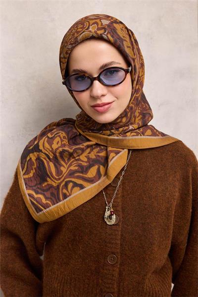 Viskon Velora Eşarp Hardal Antik Desenli Tok Duruşlu 90x90
