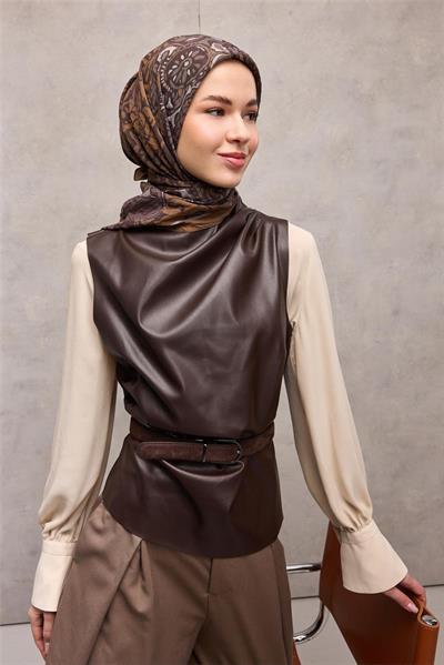 Viskon Velora Eşarp Sütlü Kahve Antik Desenli Tok Duruşlu 90x90