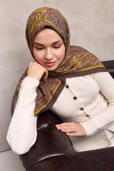 Viskon Velora Eşarp Koyu Kahve Antik Desenli Tok Duruşlu 90x90